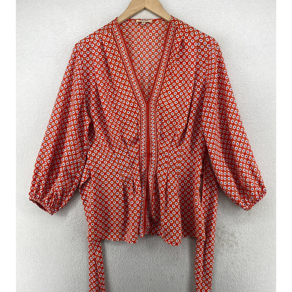 MAX STUDIO Top L Peasant Floral Print Blouse Smocked Tie Front 3/4 Sleeve Red - Picture 2 of 9